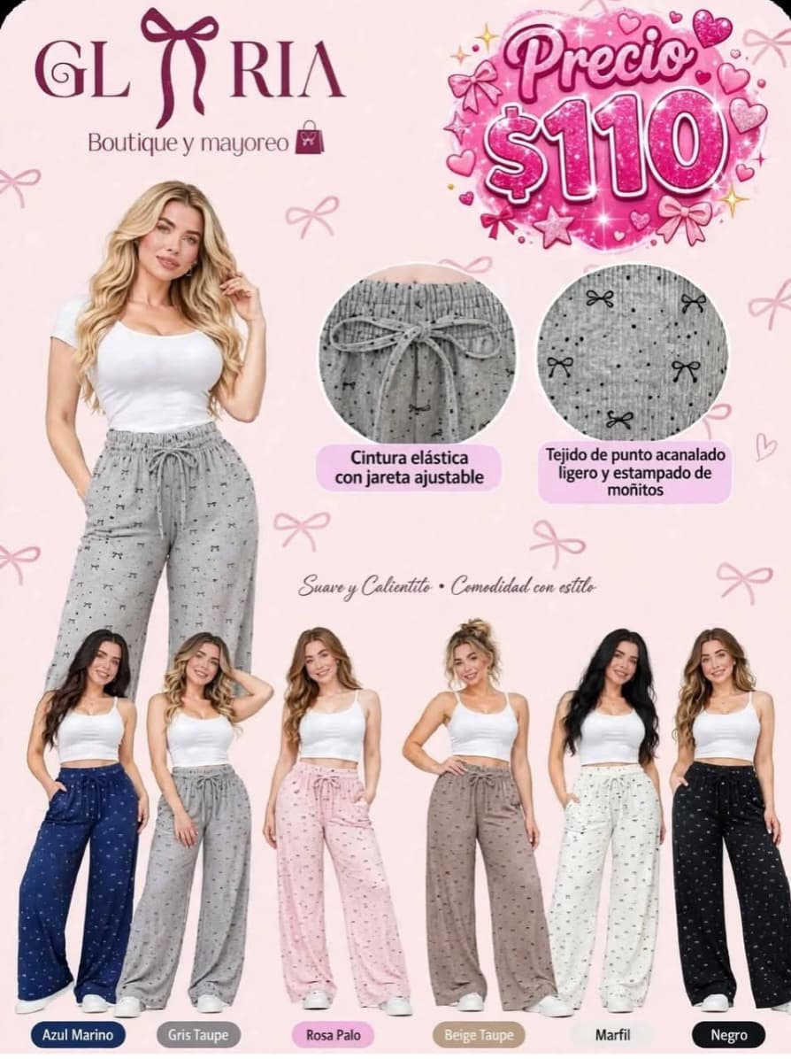 Pantalón de pijama Gloria de punto acanalado con moñitos